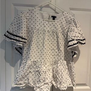 Ruffled White Blouse with Black Dots